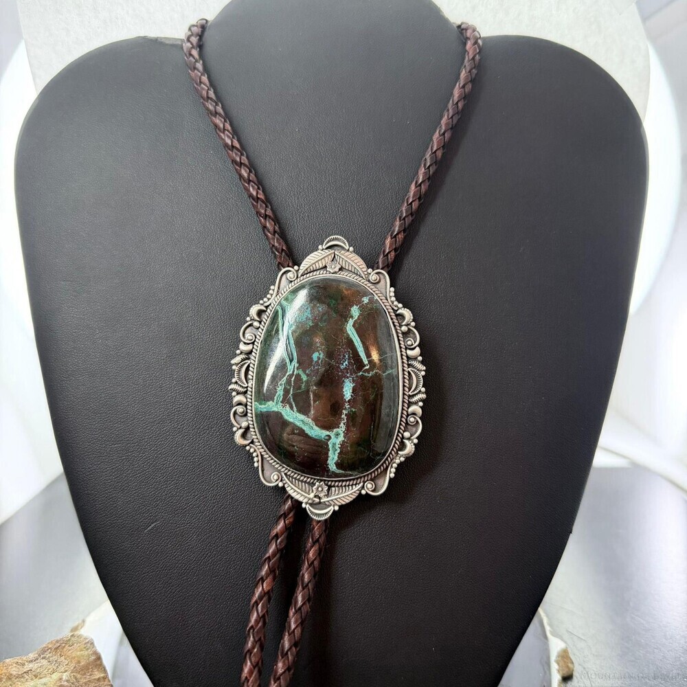 Sterling Southwestern Style Oval Large Chrysocolla Bolo Tie For Men - Picture 1 of 10